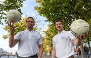 27 September 2016; Former Dublin footballer Ger Brennan, left, and former Mayo footballer Enda Varley crossed swords at AIG Insurance’s offices today as AIG offered Dublin supporters the chance to take advantage of discounted insurance which could save them up to 15% on car and home policies. Call 1890 50 27 27 or log on to www.aig.ie/dubs to get a quote. AIG Offices, North Wall Quay & Samuel Beckett Bridge, Dublin. Photo by Sportsfile