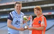 1 February 2011; In attendance at the launch of the 2011 Bord Gáis Energy Ladies National Football League are Dublin captain Cliodhna O'Connor, left, with Armagh captain Meabh Moriarty and the Division 2 trophy. Croke Park, Dublin. Picture credit: Brendan Moran / SPORTSFILE