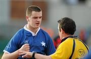 1 February 2011; Jerry Sexton, St Mary's College, speaks with referee Danny Wallace. Powerade Leinster Schools Rugby Senior Cup, First Round, St Mary's College v Kilkenny College, Donnybrook Stadium, Donnybrook, Dublin. Picture credit: Brian Lawless / SPORTSFILE