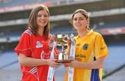 1 February 2011; In attendance at the launch of the 2011 Bord Gáis Energy Ladies National Football League are Susan Byrne, left, of Louth with Michelle Carey of Roscommon and the Division 4 trophy. Croke Park, Dublin. Picture credit: Brendan Moran / SPORTSFILE