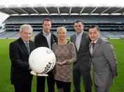 2 February 2011; The GAA have announced 'Playing for Life' as one of the Association's official charities for 2011. The Association welcomes the partnership between the two organisations and will work with 'Playing for Life' to further highlight the excellent work among GAA members and Clubs that the charity has overseen in Africa since it's inception. 'Playing for Life' was established by RTE sports presenter Tracy Piggott and has worked with Tanzania, Kenya, and Malawi since 2005 focusing on the teaching and training of skills and trades and also self - sustainability through edcuation. At the launch is founder of 'Playing for Life' Tracy Piggott with, from left, former Offaly hurler John Flaherty, Dublin footballer Barry Cahill, Dublin footballer Paul Casey, and former Dublin footballer Jason Sherlock. Croke Park, Dublin. Picture credit: Brian Lawless / SPORTSFILE