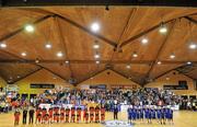 30 January 2010; The UCD Marian and 11890 Killester teams stand for the National Anthem before the game. Men's Superleague National Cup Final, 11890 Killester v UCD Marian, National Basketball Arena, Tallaght, Dublin. Picture credit: Brendan Moran / SPORTSFILE