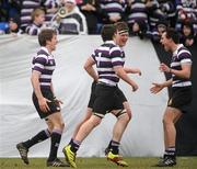 3 February 2011; Seanie O'Loughlin, Terenure College, left, celebrates after scoring his side's second try with team-mates Billy Twomey, Paul O'Reilly and Ciaran Quigley, right. Powerade Leinster Schools Rugby Senior Cup, First Round, Terenure College v Gonzaga College SJ, Donnybrook Stadium, Donnybrook, Dublin. Picture credit: Stephen McCarthy / SPORTSFILE
