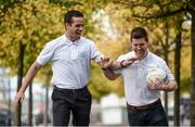 27 September 2016; Former Dublin footballer Ger Brennan, left, and former Mayo footballer Enda Varley crossed swords at AIG Insurance’s offices today as AIG offered Dublin supporters the chance to take advantage of discounted insurance which could save them up to 15% on car and home policies. Call 1890 50 27 27 or log on to www.aig.ie/dubs to get a quote. AIG Offices, North Wall Quay & Samuel Beckett Bridge, Dublin. Photo by Sportsfile