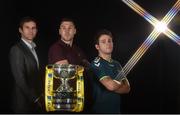 27 September 2016; At the launch of Aviva’s sponsorship of the FAI Junior Cup for the 2016/2017 season are, from left, former Republic of Ireland international Kevin Kilbane, Brian Gartland of Dundalk FC and Adam McGuirk of Sheriff Youth Club, holders of the FAI Junior Cup. This is Aviva’s 5th year sponsoring the FAI Junior Cup, the largest amateur football competition in Europe with over 600 teams beginning on the #RoadToAviva this weekend. Aviva’s sponsorship ensures the Final will be played at the Aviva Stadium next May while they have also launched the “Put Your Name on It” campaign which encourages clubs to put their name on the competition in different ways to be in with a chance to secure unique prizes for their clubs including High Performance Training Sessions and Training & Match Video Analysis. For more information log on to www.aviva.ie/faijuniorcup #RoadToAviva. Aviva Stadium in Dublin. Photo by Brendan Moran/Sportsfile