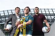 27 September 2016; At the launch of Aviva’s sponsorship of the FAI Junior Cup for the 2016/2017 season are, from left, former Republic of Ireland international Kevin Kilbane, Adam McGuirk of Sheriff Youth Club, holders of the FAI Junior Cup and Brian Gartland of Dundalk FC. This is Aviva’s 5th year sponsoring the FAI Junior Cup, the largest amateur football competition in Europe with over 600 teams beginning on the #RoadToAviva this weekend. Aviva’s sponsorship ensures the Final will be played at the Aviva Stadium next May while they have also launched the “Put Your Name on It” campaign which encourages clubs to put their name on the competition in different ways to be in with a chance to secure unique prizes for their clubs including High Performance Training Sessions and Training & Match Video Analysis. For more information log on to www.aviva.ie/faijuniorcup #RoadToAviva. Aviva Stadium in Dublin. Photo by Brendan Moran/Sportsfile
