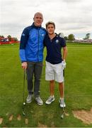 27 September 2016; Former Ireland and Munster rugby captain Paul O'Connell, left, with One Direction singer Niall Horan before their round of the Celebrity Matches at The 2016 Ryder Cup Matches at the Hazeltine National Golf Club in Chaska, Minnesota, USA. Photo by Ramsey Cardy/Sportsfile