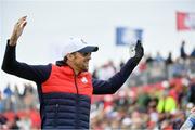27 September 2016; 23 time Olympic Gold medalist Michael Phelps acknowledges the gallery on the 1st tee box during the Celebrity Matches at The 2016 Ryder Cup Matches at the Hazeltine National Golf Club in Chaska, Minnesota, USA. Photo by Ramsey Cardy/Sportsfile