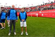 27 September 2016; Former Ireland and Munster rugby captain Paul O'Connell, left, with One Direction singer Niall Horan before their round of the Celebrity Matches at The 2016 Ryder Cup Matches at the Hazeltine National Golf Club in Chaska, Minnesota, USA. Photo by Ramsey Cardy/Sportsfile