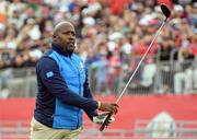 27 September 2016; Former sprinter John Regis of England during the Celebrity Matches at The 2016 Ryder Cup Matches at the Hazeltine National Golf Club in Chaska, Minnesota, USA. Photo by Ramsey Cardy/Sportsfile