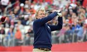27 September 2016; English television and film director and producer Nigel Lythgoe watches his drive from the 1st tee box during his round of the Celebrity Matches at The 2016 Ryder Cup Matches at the Hazeltine National Golf Club in Chaska, Minnesota, USA. Photo by Ramsey Cardy/Sportsfile