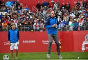 27 September 2016; Former Ireland and Munster rugby captain Paul O'Connell prepares to take a drive from the 1st tee box, watched by One Direction singer Niall Horan, during their round of the Celebrity Matches at The 2016 Ryder Cup Matches at the Hazeltine National Golf Club in Chaska, Minnesota, USA. Photo by Ramsey Cardy/Sportsfile