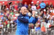 27 September 2016; Former Ireland and Munster rugby captain Paul O'Connell watches his drive from the 1st tee box before their round of the Celebrity Matches at The 2016 Ryder Cup Matches at the Hazeltine National Golf Club in Chaska, Minnesota, USA. Photo by Ramsey Cardy/Sportsfile