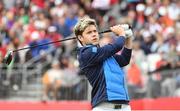 27 September 2016; One Direction singer Niall Horan watches his drive from the 1st tee box before their round of the Celebrity Matches at The 2016 Ryder Cup Matches at the Hazeltine National Golf Club in Chaska, Minnesota, USA. Photo by Ramsey Cardy/Sportsfile