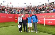 27 September 2016; One the 1st tee box, from left, actor Bill Murray, singer Huey Lewis, One Direction singer Niall Horan and former Ireland and Munster rugby capatin Paul O'Connell before their round of the Celebrity Matches at The 2016 Ryder Cup Matches at the Hazeltine National Golf Club in Chaska, Minnesota, USA. Photo by Ramsey Cardy/Sportsfile