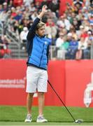 27 September 2016; One Direction singer Niall Horan acknowledges the gallery on the 1st tee box before their round of the Celebrity Matches at The 2016 Ryder Cup Matches at the Hazeltine National Golf Club in Chaska, Minnesota, USA. Photo by Ramsey Cardy/Sportsfile