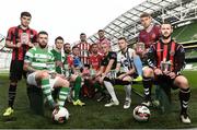 28 September 2016; It’s time to make your mark as EA SPORTS™ celebrates the launch of FIFA 17 in Ireland with the exclusive creation of SSE Airtricity League covers. Pictured at the announcement was, from left, Conor Powell (Longford Town), Brandon Miele (Shamrock Rovers), John Dunleavy (Cork City),  Rafael Cretaro (Sligo Rovers), Tony McNamee (Finn Harps), Aaron Barry (Derry City), Ger O’Brien (St. Patrick’s Athletic), Gary Delaney (Wexford Youths),Dylan Connolly (Bray Wanderers), Ciarán Kilduff (Dundalk FC), Vinny Faherty (Galway United), and  Kurtis Byrne (Bohemian FC). Photo by David Maher/Sportsfile