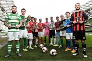 28 September 2016; It’s time to make your mark as EA SPORTS™ celebrates the launch of FIFA 17 in Ireland with the exclusive creation of SSE Airtricity League covers. Pictured at the announcement was, from left, Brandon Miele (Shamrock Rovers), John Dunleavy (Cork City),  Rafael Cretaro (Sligo Rovers),  Conor Powell (Longford Town), Aaron Barry (Derry City), Ger O’Brien (St. Patrick’s Athletic), Gary Delaney (Wexford Youths), Ciarán Kilduff (Dundalk FC),  Vinny Faherty (Galway United) Dylan Connolly (Bray Wanderers),Tony McNamee (Finn Harps) and  Kurtis Byrne (Bohemian FC). Photo by David Maher/Sportsfile