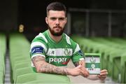 28 September 2016; Brandon Miele, Shamrock Rovers pictured with his FIFA 17 SSE Airtricity League Club Pack. Featuring the individual club crest of all 12 Premier Division teams, Irish fans from across the country can show their support and download this special sleeve for free when the game launches this #FIFA17THURSDAY.  Photo by David Maher/Sportsfile