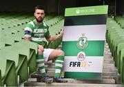 28 September 2016; Brandon Miele, Shamrock Rovers, pictured with his FIFA 17 SSE Airtricity League Club Pack. Featuring the individual club crest of all 12 Premier Division teams, Irish fans from across the country can show their support and download this special sleeve for free when the game launches this #FIFA17THURSDAY.  Photo by David Maher/Sportsfile