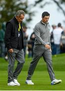 28 September 2016; Europe vice-captain Sam Torrance, left, with Rory McIlroy of Europe on the 11th fairway during a practice round ahead of The 2016 Ryder Cup Matches at the Hazeltine National Golf Club in Chaska, Minnesota, USA.