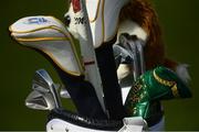 28 September 2016; Golf head covers including one reading &quot;Cash Is King&quot; in the bag of Rory McIlroy of Europe during a practice round ahead of The 2016 Ryder Cup Matches at the Hazeltine National Golf Club in Chaska, Minnesota, USA.