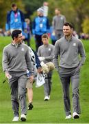 28 September 2016; Rory McIlroy, left, and Martin Kaymer of Europe make their way to the 18th green during a practice round ahead of The 2016 Ryder Cup Matches at the Hazeltine National Golf Club in Chaska, Minnesota, USA. Photo by Ramsey Cardy/Sportsfile