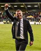 29 September 2016; Dundalk manager Stephen Kenny celebrates at the end of the UEFA Europa League Group D match between Dundalk and Maccabi Tel Aviv at Tallaght Stadium in Tallaght, Co. Dublin.  Photo by David Maher/Sportsfile