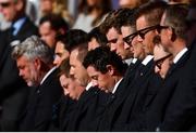 29 September 2016; Rory McIlroy (C) and the European team pause for a minute's silence in memory of the late Arnold Palmer the opening ceremony ahead of The 2016 Ryder Cup Matches at the Hazeltine National Golf Club in Chaska, Minnesota, USA Photo by Ramsey Cardy/Sportsfile