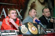 31 January 2011; Willie Casey, left, alongside his management team of Phil Sutcliffe, centre, and Don O'Leary of Dolphil Promotions, during a press conference ahead of the WBA Super Bantamweight World Title Fight between Willie Casey and Guillermo Rigondeaux on March 19th in Citywest Convention Centre, Dublin. WBA Super Bantamweight World Title Fight Press Conference, Thomond Park, Limerick. Picture credit: Diarmuid Greene / SPORTSFILE