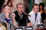 31 January 2011; Don O'Leary, centre, alongside Phil Sutcliffe, left, and Daniel Halpin of Dolphil Promotions, speaking during a press conference ahead of the WBA Super Bantamweight World Title Fight between Willie Casey and Guillermo Rigondeaux on March 19th in Citywest Convention Centre, Dublin. WBA Super Bantamweight World Title Fight Press Conference, Thomond Park, Limerick. Picture credit: Diarmuid Greene / SPORTSFILE