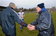 6 February 2011; Monaghan manager Eamon McEneaney, right, shakes hands with Galway manager Tomas O Flatharta, at the end of the game. Allianz Football League Division 1 Round 1, Monaghan v Galway, St Tighearnach's Park, Clones, Co. Monaghan. Photo by Sportsfile