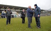 6 February 2011; Monaghan manager Eamon McEneaney speaking to journalist Seán Bán Breathnach after the game. Allianz Football League Division 1 Round 1, Monaghan v Galway, St Tiernach's Park, Clones, Co. Monaghan. Photo by Sportsfile