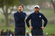 30 September 2016; Rory McIlroy reacts alongside teammate Andy Sullivan of Europe after a missed putt on the second hole during the morning Foursomes Matches against Phil Mickelson and Rickie Fowler of USA at The 2016 Ryder Cup Matches at the Hazeltine National Golf Club in Chaska, Minnesota, USA. Photo by Ramsey Cardy/Sportsfile