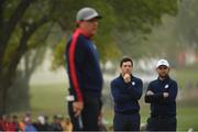 30 September 2016; Rory McIlroy and Andy Sullivan of Europe watching as Phil Mickelson is putting on the second green during the morning Foursomes Matches against Phil Mickelson and Rickie Fowler of USA at The 2016 Ryder Cup Matches at the Hazeltine National Golf Club in Chaska, Minnesota, USA. Photo by Ramsey Cardy/Sportsfile