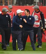 30 September 2016; Andy Sullivan, left, and Rory McIlroy of Europe leave the first tee box during the morning Foursomes Match against Phil Mickelson and Rickie Fowler of USA at The 2016 Ryder Cup Matches at the Hazeltine National Golf Club in Chaska, Minnesota, USA. Photo by Ramsey Cardy/Sportsfile