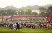 30 September 2016; Rory McIlroy of Europe plays their second shot to the 9th hole during the morning Foursomes Match against Phil Mickelson and Rickie Fowler of USA at The 2016 Ryder Cup Matches at the Hazeltine National Golf Club in Chaska, Minnesota, USA. Photo by Ramsey Cardy/Sportsfile