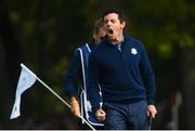 30 September 2016; Rory McIlroy of Europe celebrates his putt on the 14th green during the morning Foursomes Matches against Phil Mickelson and Rickie Fowler of USA at The 2016 Ryder Cup Matches at the Hazeltine National Golf Club in Chaska, Minnesota, USA. Photo by Ramsey Cardy/Sportsfile