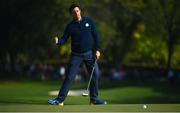 30 September 2016; Rory McIlroy of Europe watches as his successful putt on the 14th green drops into the hole during the morning Foursomes Matches against Phil Mickelson and Rickie Fowler of USA at The 2016 Ryder Cup Matches at the Hazeltine National Golf Club in Chaska, Minnesota, USA. Photo by Ramsey Cardy/Sportsfile