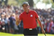 30 September 2016; Rickie Fowler of USA after his putt on the 16th green during the morning Foursomes Match against Rory McIlroy and Andy Sullivan of Europe at The 2016 Ryder Cup Matches at the Hazeltine National Golf Club in Chaska, Minnesota, USA. Photo by Ramsey Cardy/Sportsfile