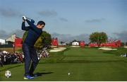 30 September 2016; Rory McIlroy of Europe hits a drive from the 18th during the morning Foursomes Match against Rory McIlroy and Andy Sullivan of Europe at The 2016 Ryder Cup Matches at the Hazeltine National Golf Club in Chaska, Minnesota, USA. Photo by Ramsey Cardy/Sportsfile