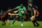 30 September 2016; Niyi Adeolokun of Connacht is tackled by Chris Dean of Edinburgh, supported by team-mate Cornell Du Preez, during the Guinness PRO12 Round 5 match between Connacht and Edinburgh Rugby at the Sportsground in Galway. Photo by Piaras Ó Mídheach/Sportsfile