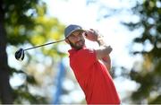 30 September 2016; Dustin Johnson of USA tees off at the 6th during the afternoon Fourball Match against Thomas Pieters and Rory McIlroy of Europe at The 2016 Ryder Cup Matches at the Hazeltine National Golf Club in Chaska, Minnesota, USA. Photo by Ramsey Cardy/Sportsfile