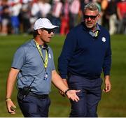 30 September 2016; Europe team captain Darren Clarke, right, and vice-captain Padraig Harrington during the afternoon Fourball Match between Rory McIlroy and Thomas Pieters of Europe  and Dustin Johnson and Matt Kuchar of USA at The 2016 Ryder Cup Matches at the Hazeltine National Golf Club in Chaska, Minnesota, USA. Photo by Ramsey Cardy/Sportsfile