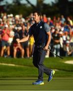 30 September 2016; Rory McIlroy of Europe celebrates after winning his match on the 16th hole during the Fourball Match against Dustin Johnson and Matt Kuchar of USA at The 2016 Ryder Cup Matches at the Hazeltine National Golf Club in Chaska, Minnesota, USA. Photo by Ramsey Cardy/Sportsfile