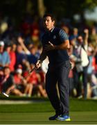 30 September 2016 Rory McIlroy of Europe celebrates after winning his match on the 16th hole during the Fourball Match against Dustin Johnson and Matt Kuchar of USA at The 2016 Ryder Cup Matches at the Hazeltine National Golf Club in Chaska, Minnesota, USA. Photo by Ramsey Cardy/Sportsfile