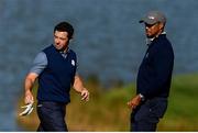 30 September 2016 Rory McIlroy of Europe and USA vice-captain Tiger Woods on the 9th hole during the afternoon Fourball Match against Dustin Johnson and Matt Kuchar of USA at The 2016 Ryder Cup Matches at the Hazeltine National Golf Club in Chaska, Minnesota, USA. Photo by Ramsey Cardy/Sportsfile