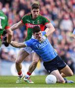 1 October 2016; Diarmuid Connolly of Dublin is fouled by Lee Keegan of Mayo resulting in a black card for Lee Keegan during the GAA Football All-Ireland Senior Championship Final Replay match between Dublin and Mayo at Croke Park in Dublin. Photo by Stephen McCarthy/Sportsfile