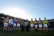 8 February 2011; At a photocall in advance of the AIB GAA Hurling and Football Junior and Intermediate Club Championship Finals on Saturday 12th and Sunday 13th February, in Croke Park, are Billy Finn, General Manager, AIB, and Paraic Duffy, Ard Stiúrthóir of the GAA, with team captains, from left, Robert Jackman, John Lockes, Kilkenny, Junior Hurling, Gearoid O Driscoll, St.Marys, Kerry, Junior Football, John Cunningham, Swanlinbar, Cavan, Junior Football, Paul O’Flynn, vice-captain, Dicksboro, Kilkenny, Intermediate Hurling, Patrick Dwyer, Ballymartle, Cork, Intermediate Hurling, Mark Kelly, St.James, Galway, Intermediate Football, Brian Og Maguire, Lisnaskea, Fermanagh, Intermediate Football, and Jerry Forrest, Meelin, Cork, Junior Hurling. AIB GAA Hurling and Football Junior and Intermediate Captains Photocall, Croke Park, Dublin. Picture credit: Stephen McCarthy / SPORTSFILE