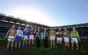 8 February 2011; At a photocall in advance of the AIB GAA Hurling and Football Junior and Intermediate Club Championship Finals on Saturday 12th and Sunday 13th February, in Croke Park, are Billy Finn, General Manager, AIB, and Paraic Duffy, Ard Stiúrthóir of the GAA, with team captains, from left, Robert Jackman, John Lockes, Kilkenny, Junior Hurling, Gearoid O Driscoll, St.Marys, Kerry, Junior Football, John Cunningham, Swanlinbar, Cavan, Junior Football, Paul O’Flynn, vice-captain, Dicksboro, Kilkenny, Intermediate Hurling, Patrick Dwyer, Ballymartle, Cork, Intermediate Hurling, Mark Kelly, St.James, Galway, Intermediate Football, Brian Og Maguire, Lisnaskea, Fermanagh, Intermediate Football, and Jerry Forrest, Meelin, Cork, Junior Hurling. AIB GAA Hurling and Football Junior and Intermediate Captains Photocall, Croke Park, Dublin. Picture credit: Stephen McCarthy / SPORTSFILE